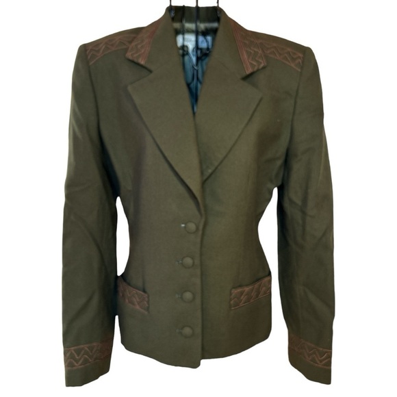 Vintage Stephanie K. Anais Embroidered Lined Wool Blazer Jacket Green Size 38 - Picture 1 of 16